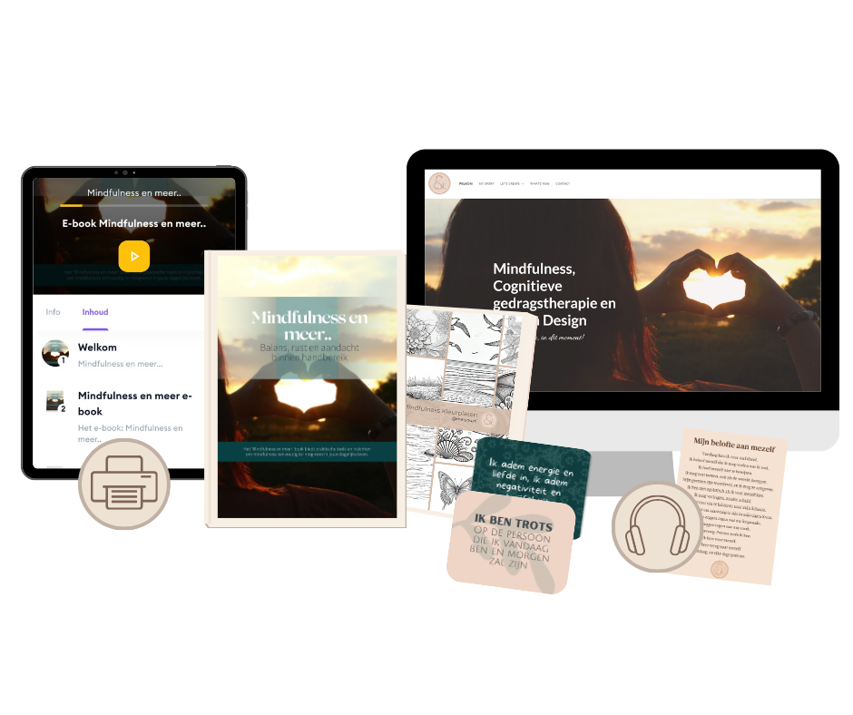 Online programma Mindfulness en meer. E-book, werkboek, online leeromgeving, affirmatiekaartjes, kleurboek, meditaties.