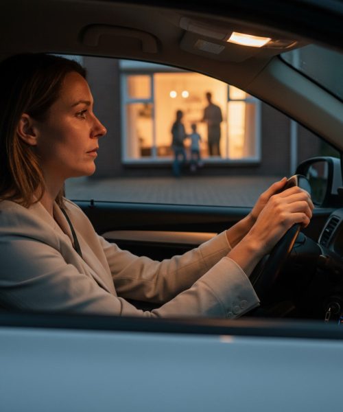 vermoeide vrouw achter stuur